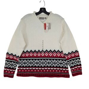 Croft & Barrow Fair Isle Sweater Large Cream Red Black V-Neck Knit Pullover NWT